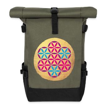 Yoga farbenfroh Gold Kreis Meditation om Namaste - Rolltop Rucksack - Olive/Schwarz - Vorne