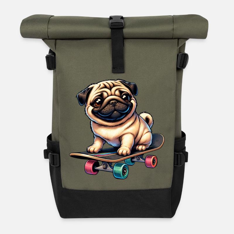 Skateboard Mops, Hund Skateboarder - Rolltop Rucksack - Olive/Schwarz