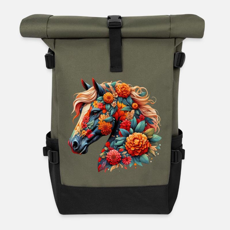 Pferd mit Blumen geschmückt - Rolltop Rucksack - Olive/Schwarz