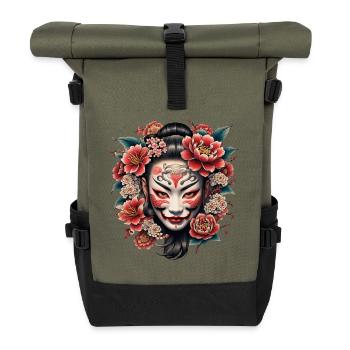 Japanische Maske mit Blumen verziert. - Rolltop Rucksack - Olive/Schwarz - Vorne