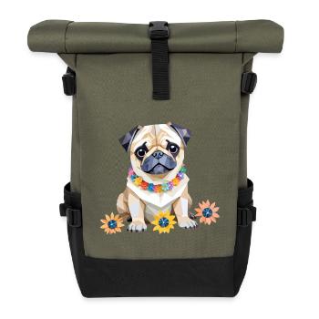 Mops Verspielt Entzückend Spaß Tier Bunt Geometrisch - Rolltop Rucksack - Olive/Schwarz - Vorne