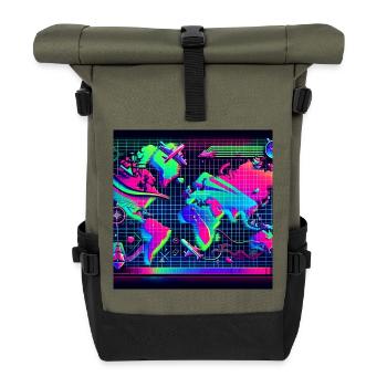 Weltkarte in Neonfarben: Reisen und Abenteuer - Rolltop Rucksack - Olive/Schwarz - Vorne
