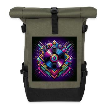 Neon-Vinyl-Design mit Retro-Musik-Vibes - Rolltop Rucksack - Olive/Schwarz - Vorne