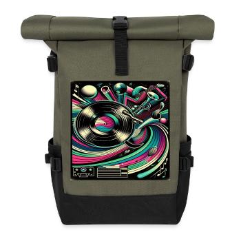Retro-Musik-Vinyl und Instrumente Design - Rolltop Rucksack - Olive/Schwarz - Vorne