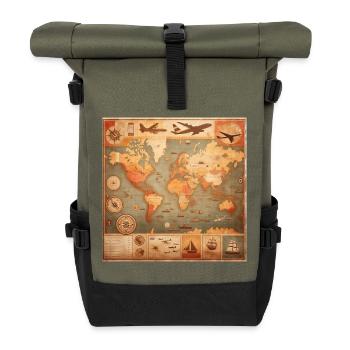 Carte du monde vintage avec des motifs de voyage - Sac à dos roll top - olive/noir - Devant