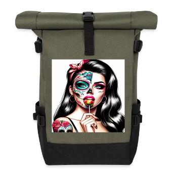 Artful Sugar Skull Woman with Retro Vibe - Roll Top Backpack - olive/black - Front