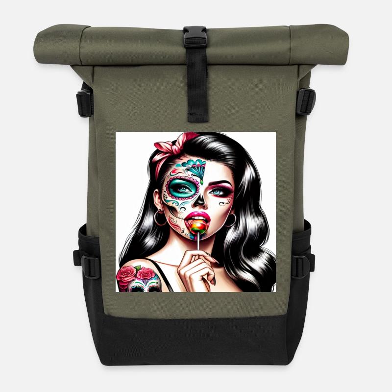 Kunstvolle Sugar Skull Frau mit Retro-Vibe - Rolltop Rucksack - Olive/Schwarz