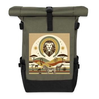 Geometric safari landscape with lions - Roll Top Backpack - olive/black - Front