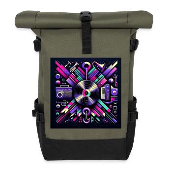 Disque vinyle néon – Rétro et moderne - Sac à dos roll top - olive/noir - Devant