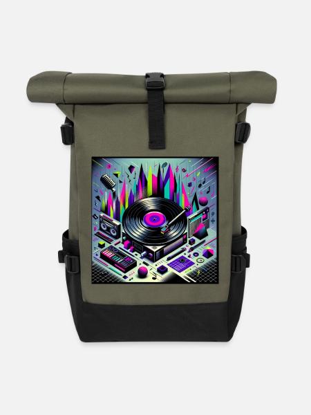 Neon Plattenspieler Cityscape - Rolltop Rucksack - Olive/Schwarz