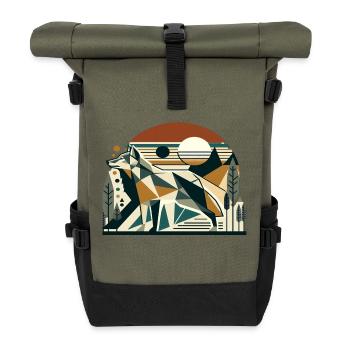 Geometrischer Wolf in Naturkulisse - Rolltop Rucksack - Olive/Schwarz - Vorne