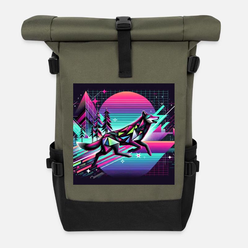 Neonwolf im Retro-Universum - Rolltop Rucksack - Olive/Schwarz