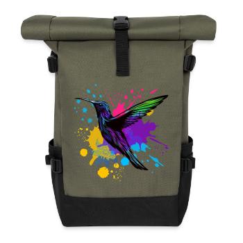 Hummingbird Splash Bird Animal Art Watercolor Colorful - Roll Top Backpack - olive/black - Front