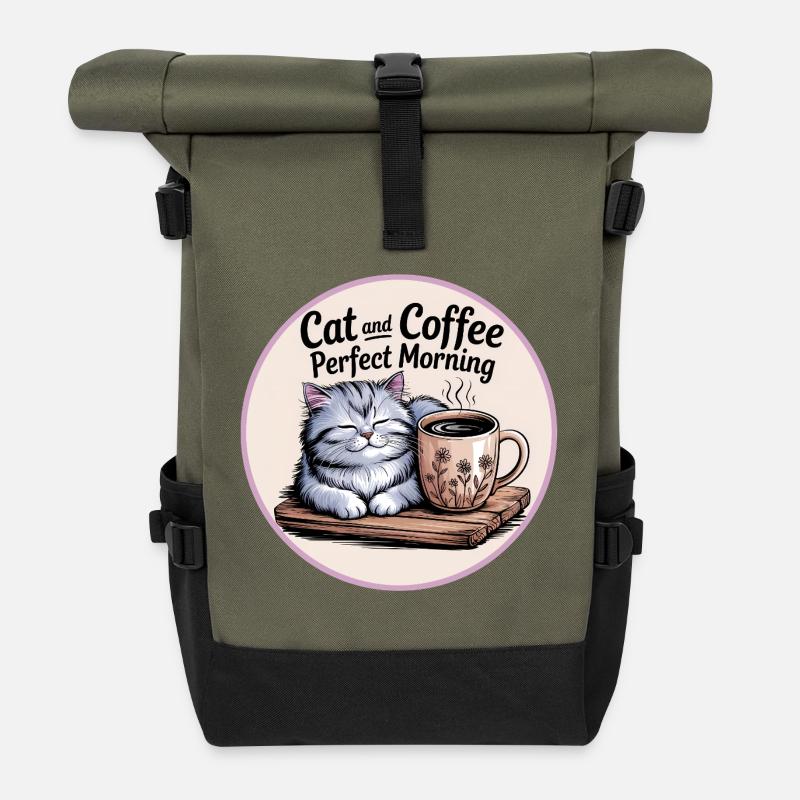 Katze und Kaffee ist alles was ich brauche - Rolltop Rucksack - Olive/Schwarz
