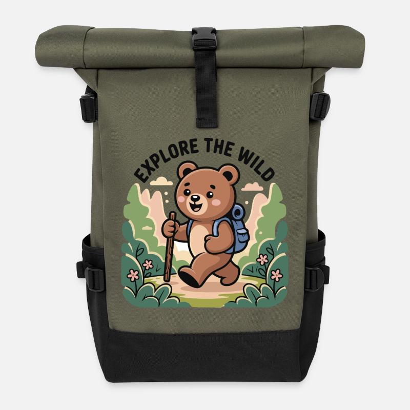 Explore the Wild Bear Illustration - Roll Top Backpack - olive/black