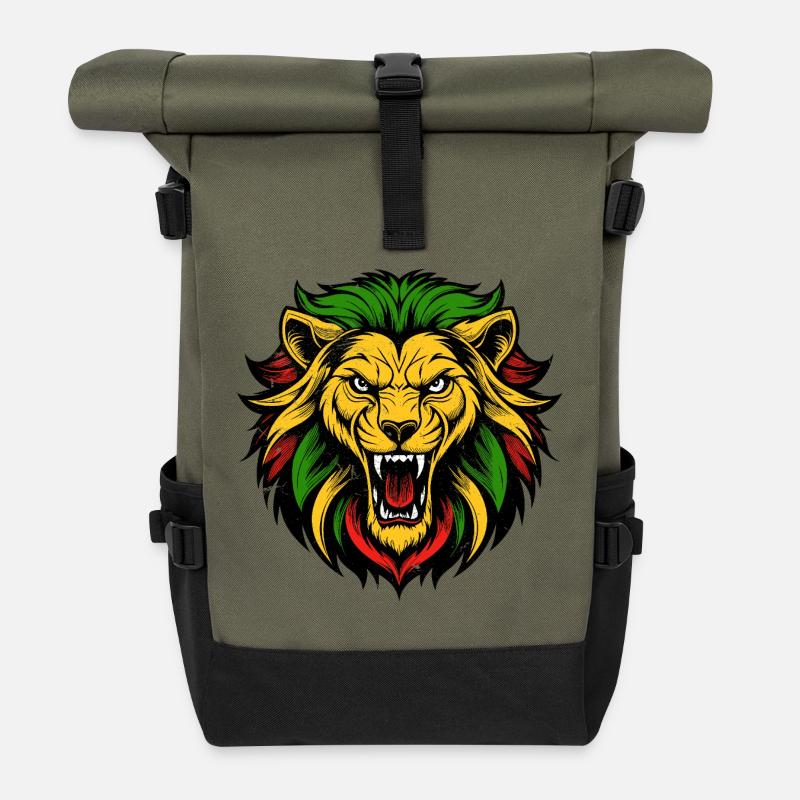 Vibrant Lion Head Tattoo Style - Roll Top Backpack - olive/black