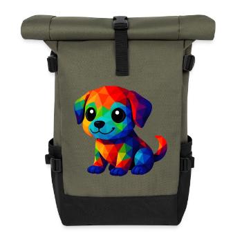 WPAP Kawaii Polygon Stil Tiere Baby Hunde Welpe - Rolltop Rucksack - Olive/Schwarz - Vorne