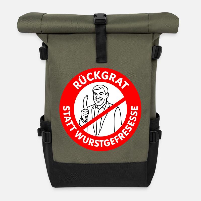 Rückgrat statt Wurstgefresse! Comic-WUNSCHFARBEN  - Rolltop Rucksack - Olive/Schwarz