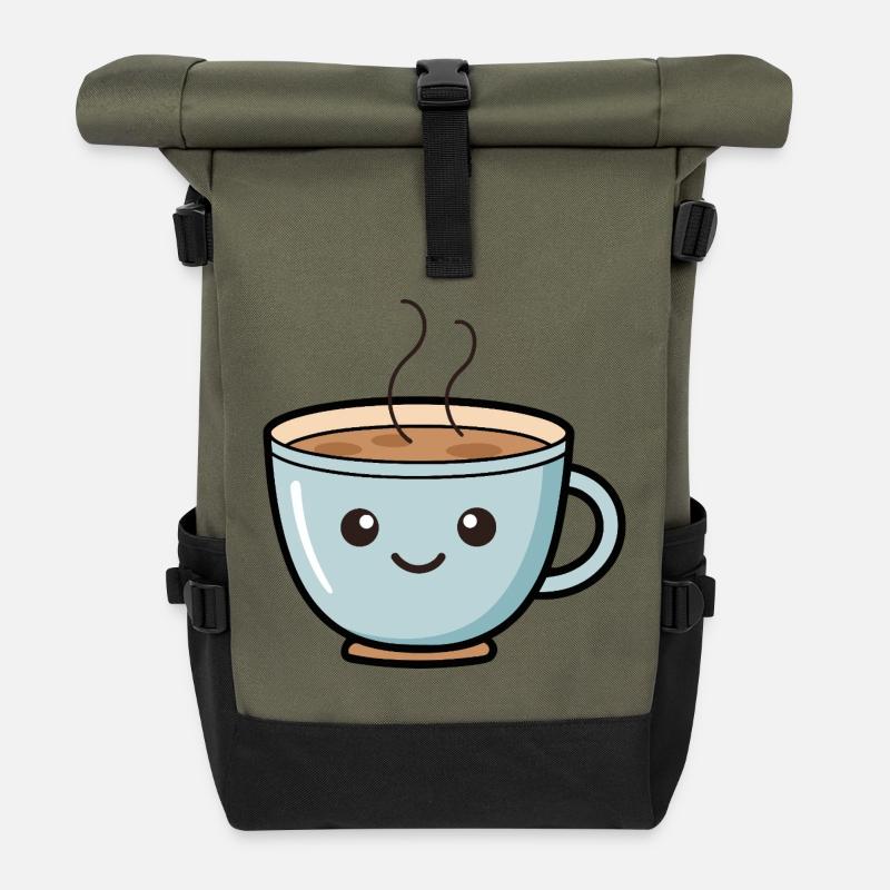 Cute Kawaii Coffee Mug Design - Roll Top Backpack - olive/black