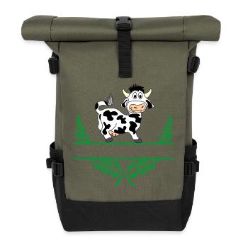 Cow Laurel Wreath with Namespace - Roll Top Backpack - olive/black - Front