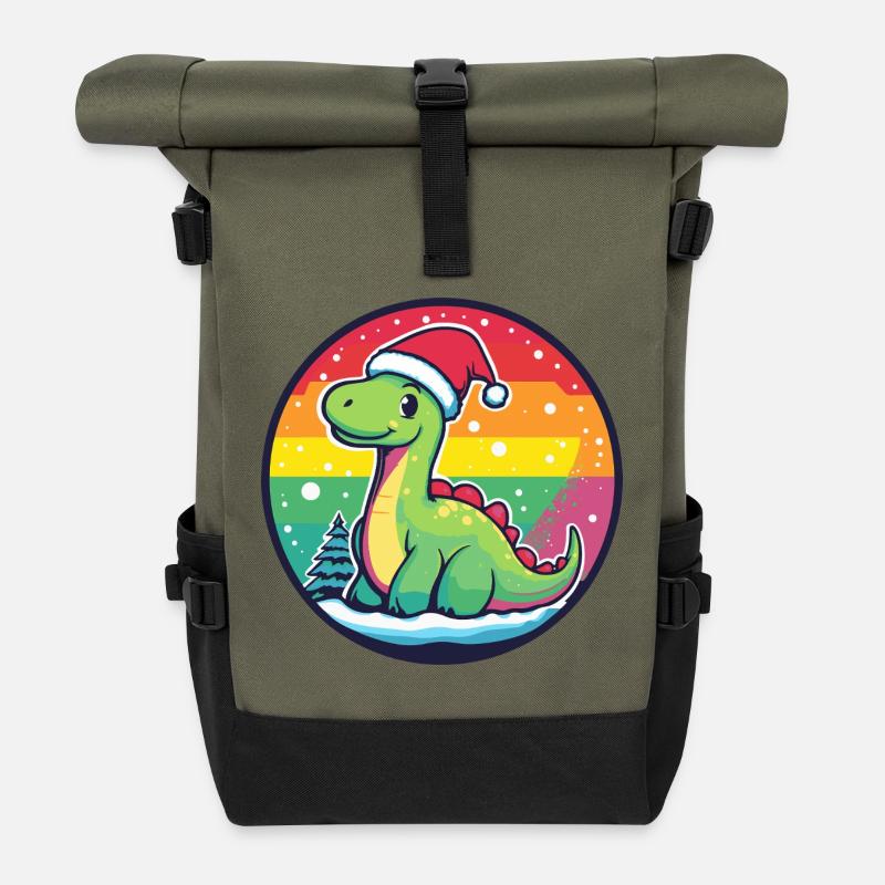Dino mit Weihnachtsmütze Regenbogen - Rolltop Rucksack - Olive/Schwarz
