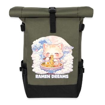 Kawaii Katze Ramen Nudeln Anime Katze - Rolltop Rucksack - Olive/Schwarz - Vorne