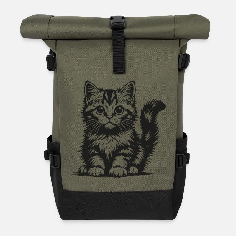 Schwarze Katze in Bleistiftzeichnung - Rolltop Rucksack - Olive/Schwarz