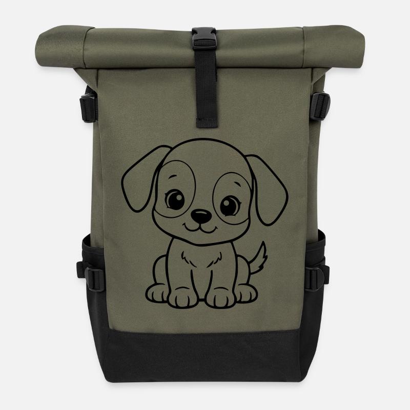 Cute Baby Dog – Black & White Puppy - Roll Top Backpack - olive/black
