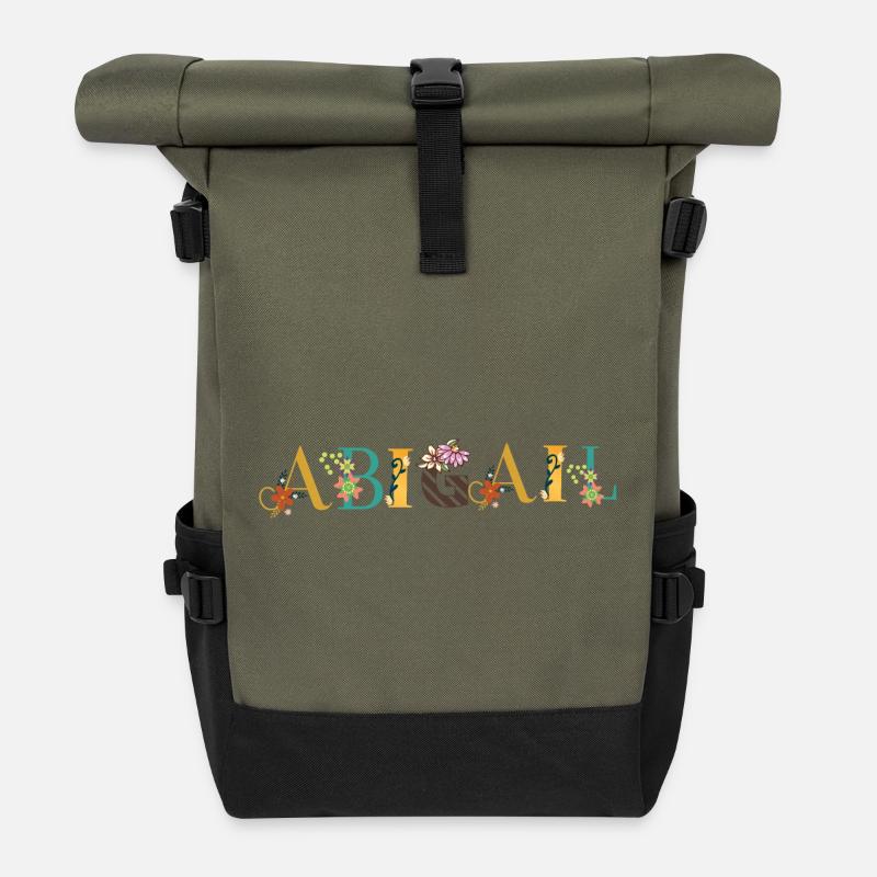 ABIGAIL Namenskunst mit Blumen gestickt - Rolltop Rucksack - Olive/Schwarz