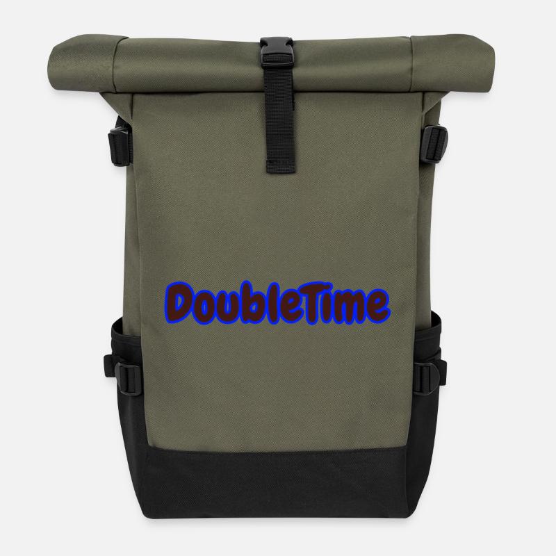Doppelzeit Motiv mit verschlungenen Uhren - Rolltop Rucksack - Olive/Schwarz
