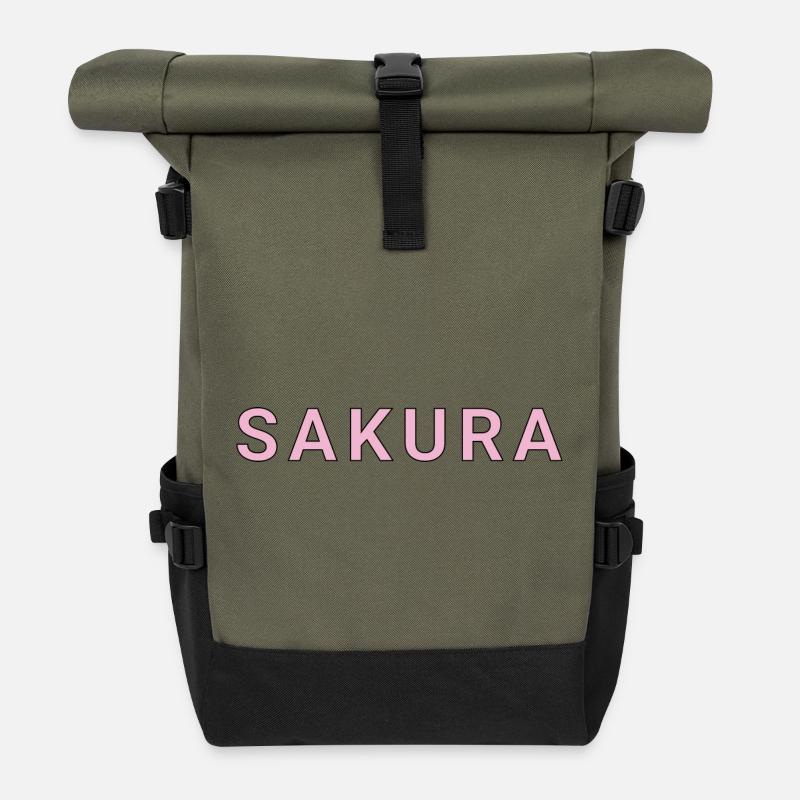 Sakura Pink Font on Black - Roll Top Backpack - olive/black