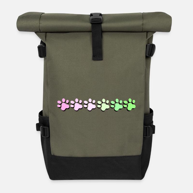 Colorful Paw Print Pattern - Roll Top Backpack - olive/black