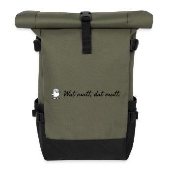 Wat mutt dat mutt plattdeutscher Spruch mit Möwe - Rolltop Rucksack - Olive/Schwarz - Vorne