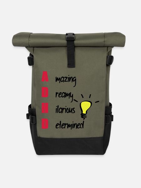 ADHD / ADHS Support Geschenk - Rolltop Rucksack - Olive/Schwarz