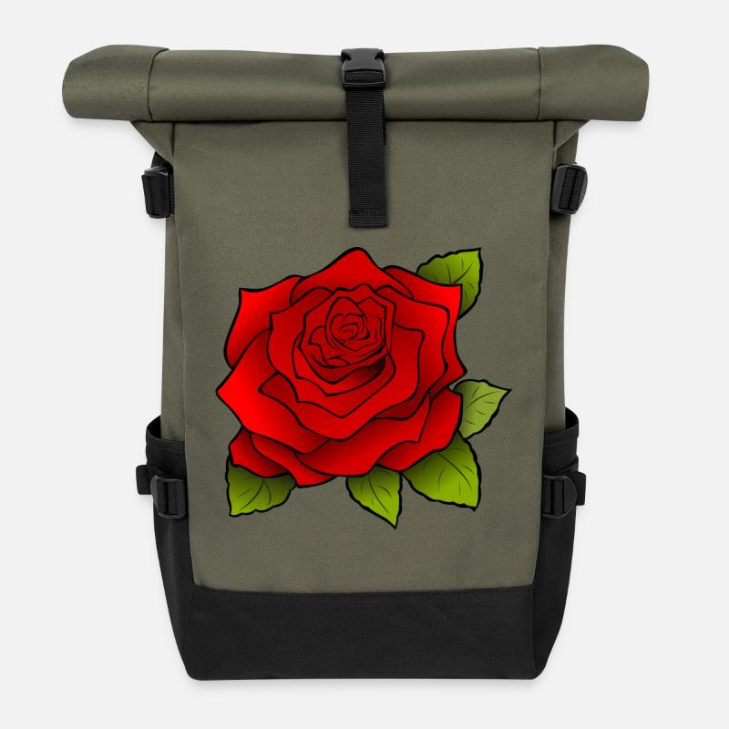 Trendy Rosen-Motiv! - Rolltop Rucksack - Olive/Schwarz