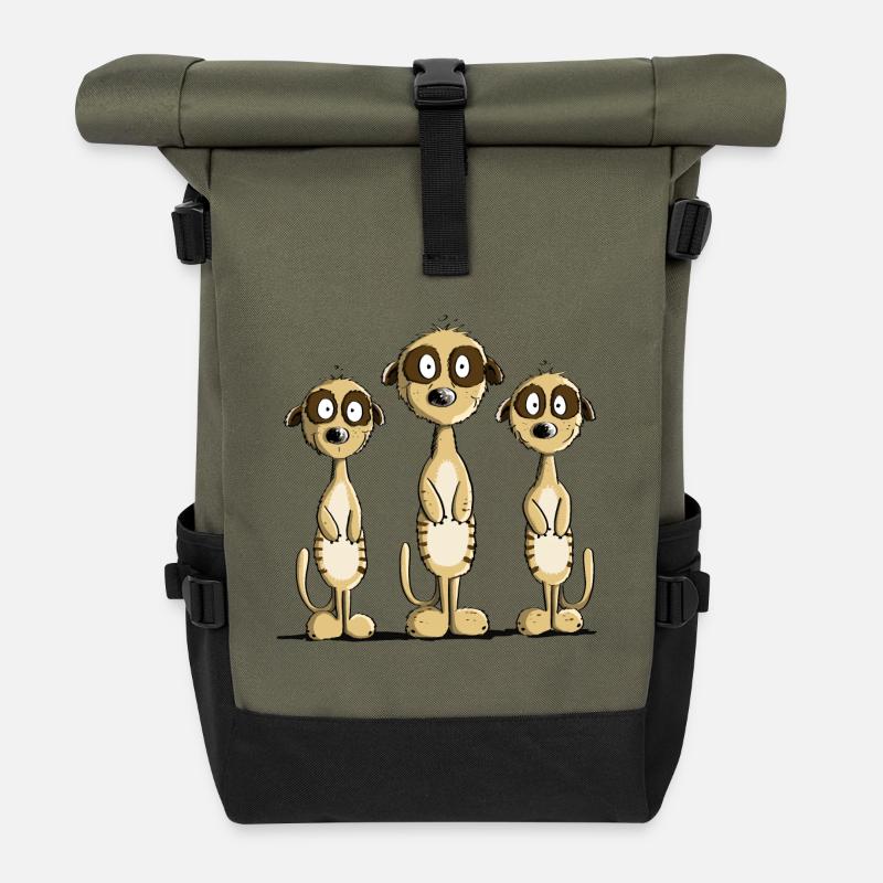 Drei Erdmännchen I Comic Geschenk I Fun Tiermotiv - Rolltop Rucksack - Olive/Schwarz