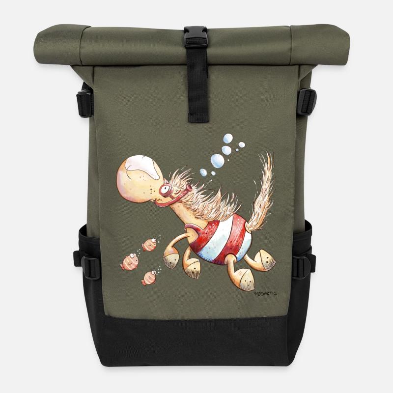 Hippocampe I Wortspiel Schwimmer Pferd - Sac à dos roll top - olive/noir