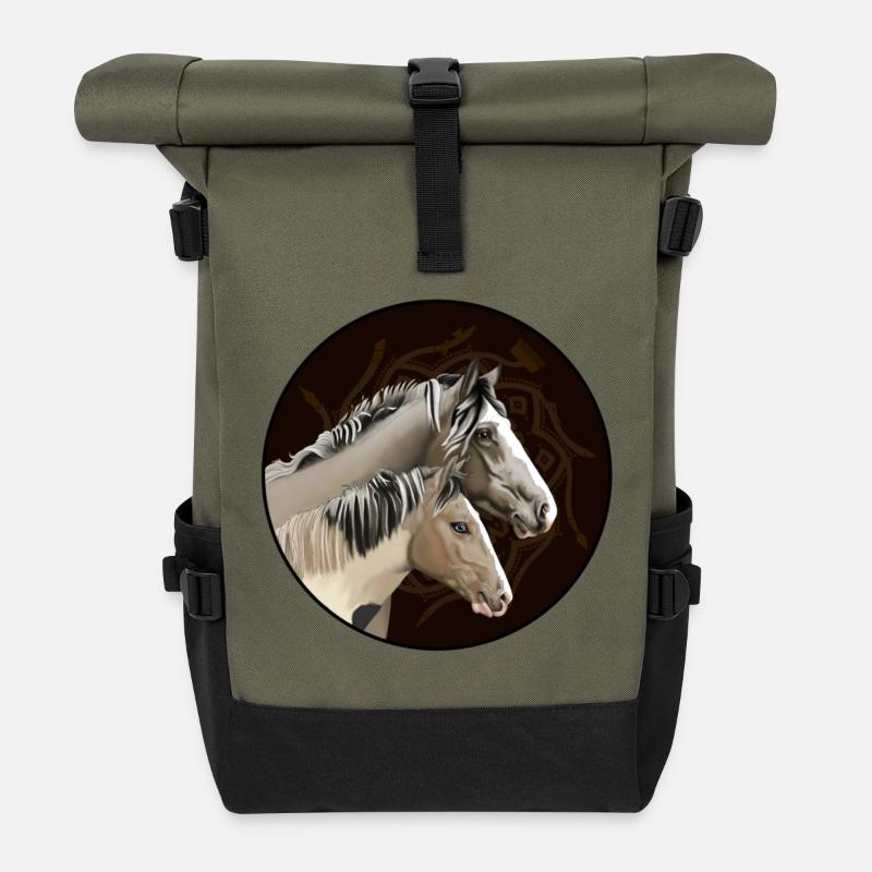 Zwillingspferde im Mandala-Kreis - Rolltop Rucksack - Olive/Schwarz