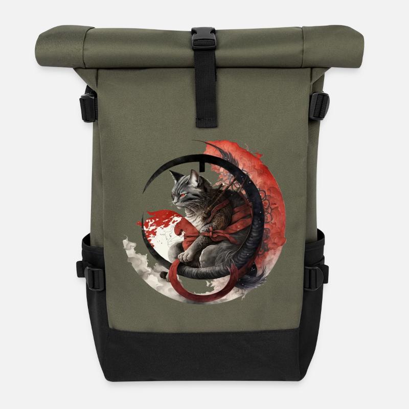Katze im Japanischem Stil - Rolltop Rucksack - Olive/Schwarz
