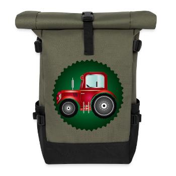 roter Traktor Patch für Trecker und Bauernhof Fans - Rolltop Rucksack - Olive/Schwarz - Vorne