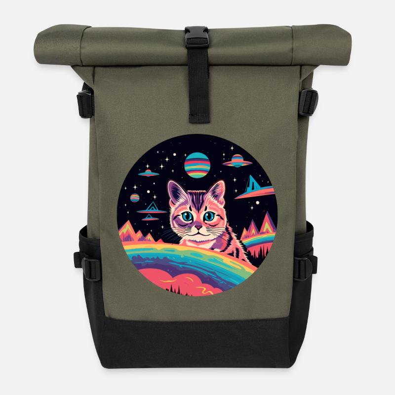 Katze mit Ufos im Weltall - Rolltop Rucksack - Olive/Schwarz