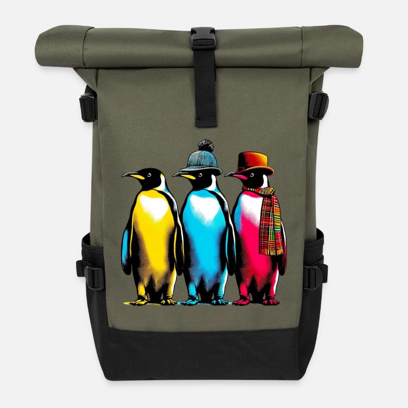 Pinguine mit Mütze und Schal - Rolltop Rucksack - Olive/Schwarz