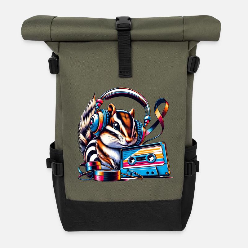 musikalisches Streifenhörnchen mit Kopfhörern - Rolltop Rucksack - Olive/Schwarz