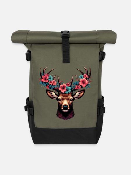 Hirsch mit Blumen - Rolltop Rucksack - Olive/Schwarz