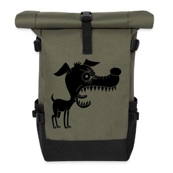 Kleiner schwarzer Hund und großes Maul - Rolltop Rucksack - Olive/Schwarz - Vorne