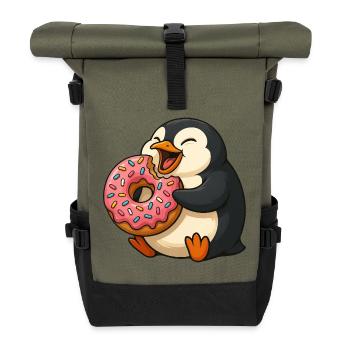 Süßer Pinguin Donut Liebhaber Cartoon Mampfen - Rolltop Rucksack - Olive/Schwarz - Vorne