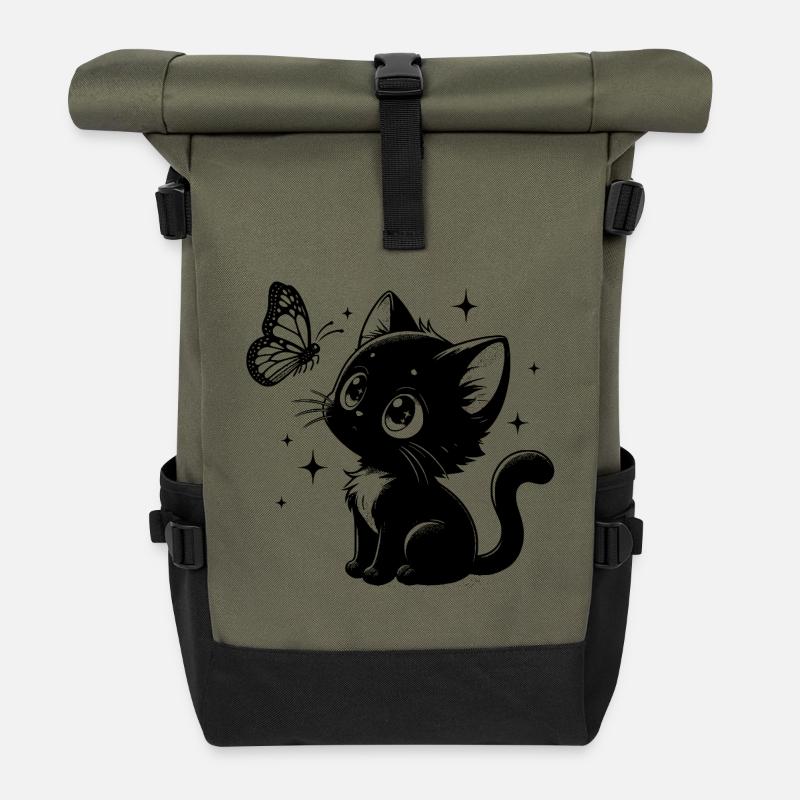 Cat with Butterfly - Roll Top Backpack - olive/black