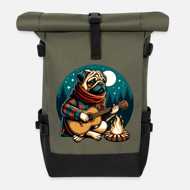 Mops Mit Gitarre Am Lagerfeuer Im Wald - Rolltop Rucksack - Olive/Schwarz