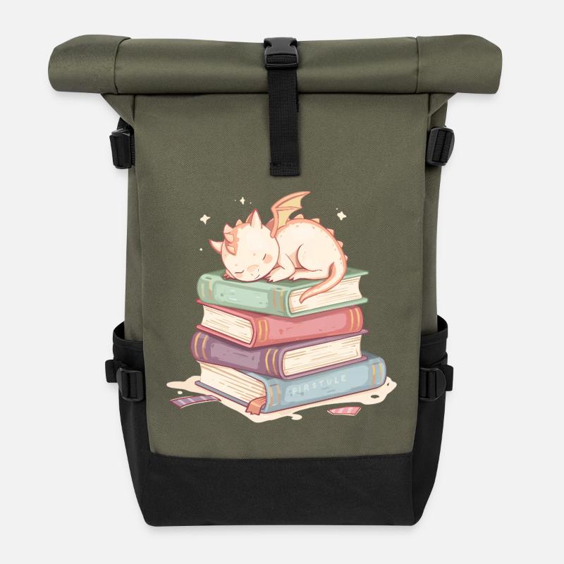 Schlafender Drache auf pastellfarbenen Büchern - Rolltop Rucksack - Olive/Schwarz
