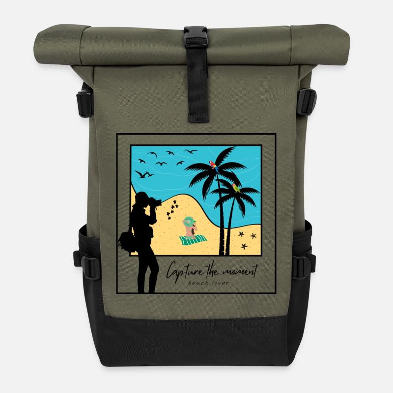 Fange den Moment ein, Strandliebhaber - Rolltop Rucksack - Olive/Schwarz